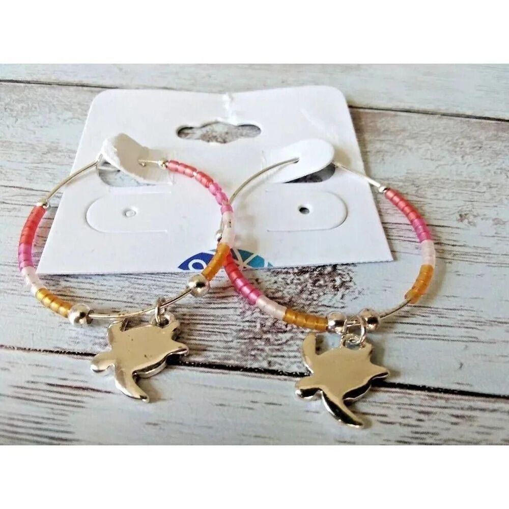 Pink White and Silver Beaded Turtle Hoop Earrings